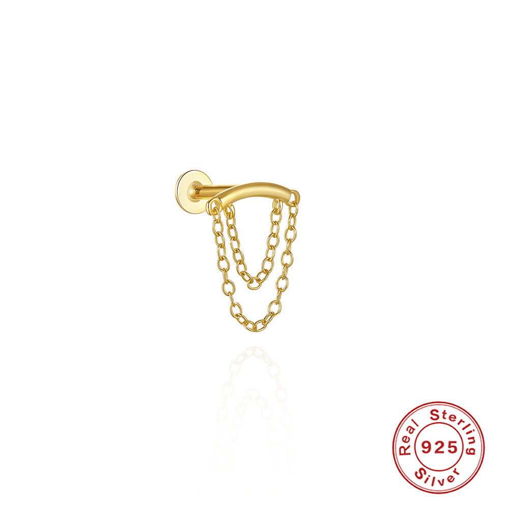 S925Sterling Silver Tassel Pearl Double Chain Piercing Ear Bone Stud Earrings Hot Selling Creative Minimalist Style Earrings