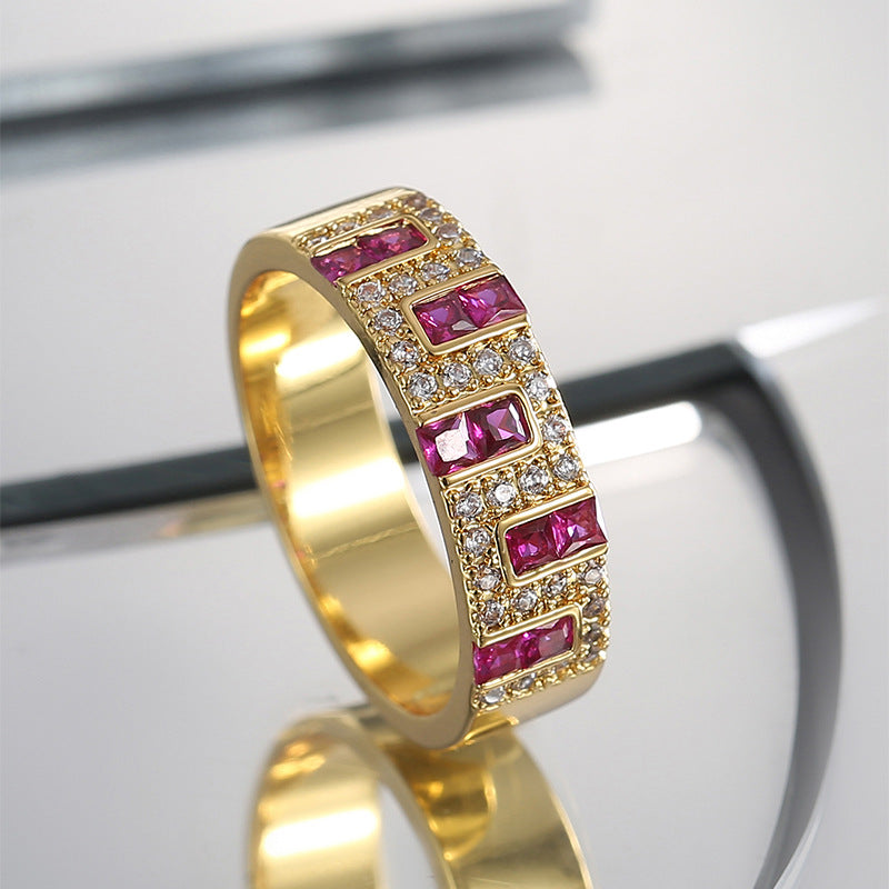 Gold-Plated Brass Square Red CZ Ring with Cubic zirconia Detail with cubic zirconia design details