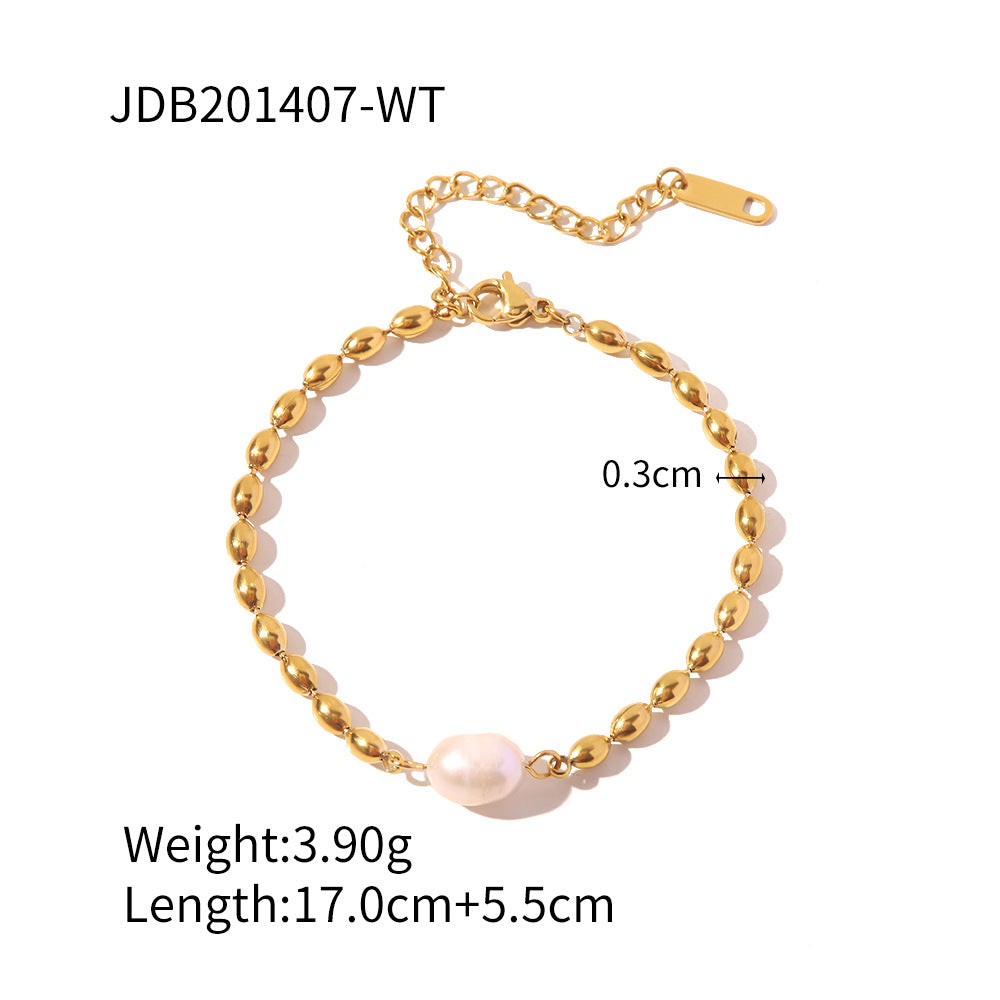 Fashionable Design Non-Fading Natural Freshwater Pearl Oval Gold Bead Bracelet/Necklace
