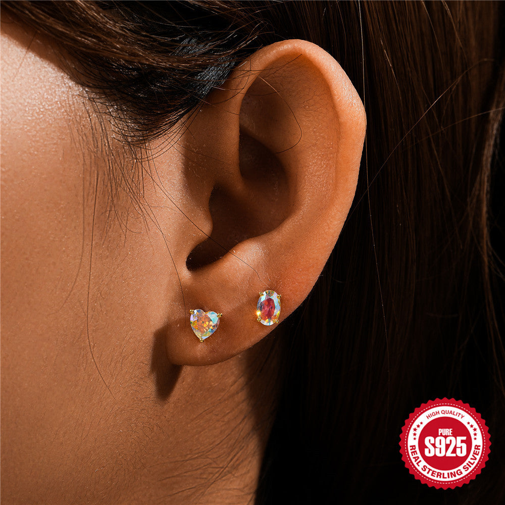 New925Sterling Silver Moonstone Inlaid Diamond Flat Head Threaded Piercing Ear Bone Stud Hot-Selling Earrings