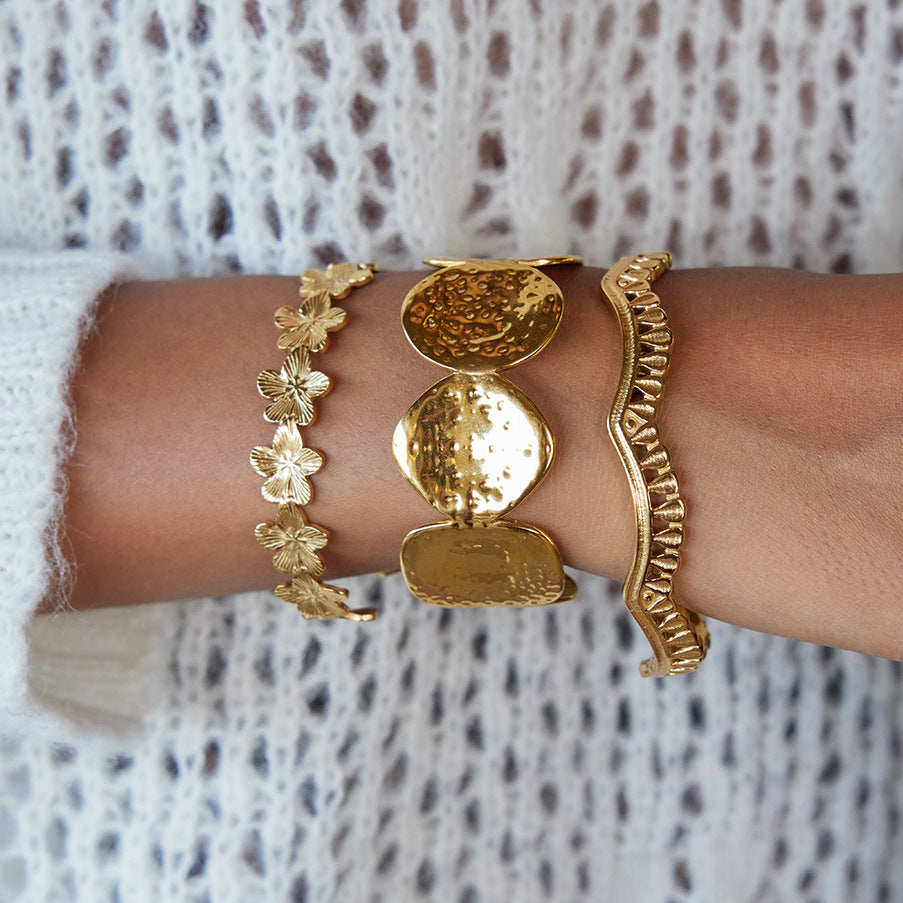 Hammered Open Bracelet Jewelry Non-Fading Stainless Steel Accessories for Women