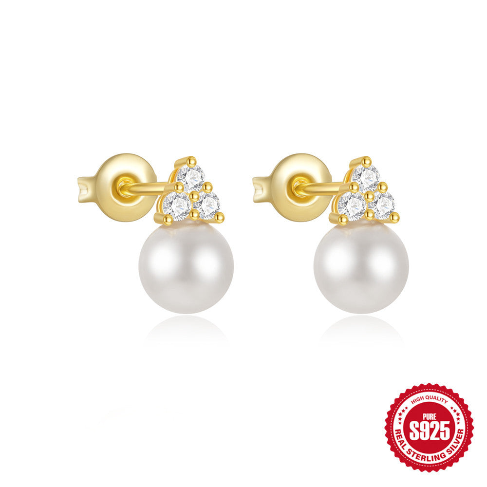 S925Sterling Silver Star Moon Pearl Moonstone Inlaid Diamond Earrings Stud Earrings Hot-Selling Women's Jewelry