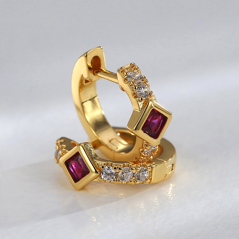 E0605 Korean Fashion Trendy Square Purple Zircon Earrings for Women Copper Gold-Plated Micro-Inlaid White Zircon Earrings