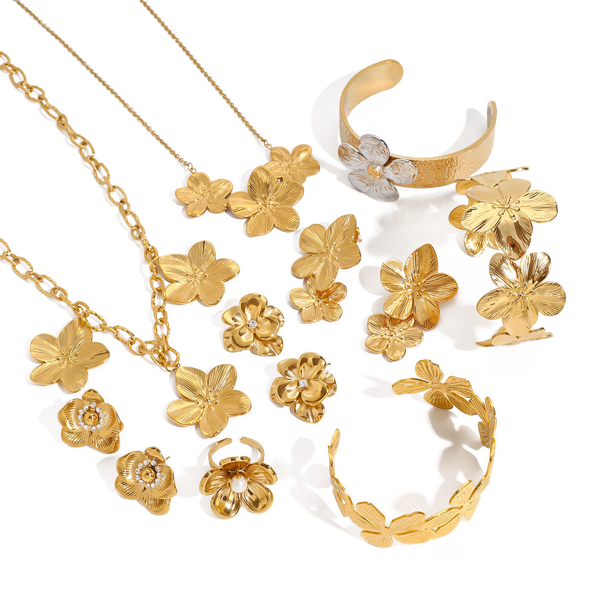 Stainless Steel Flower Necklace Zircon Earrings Pearl Ring Open Bracelet Jewelry