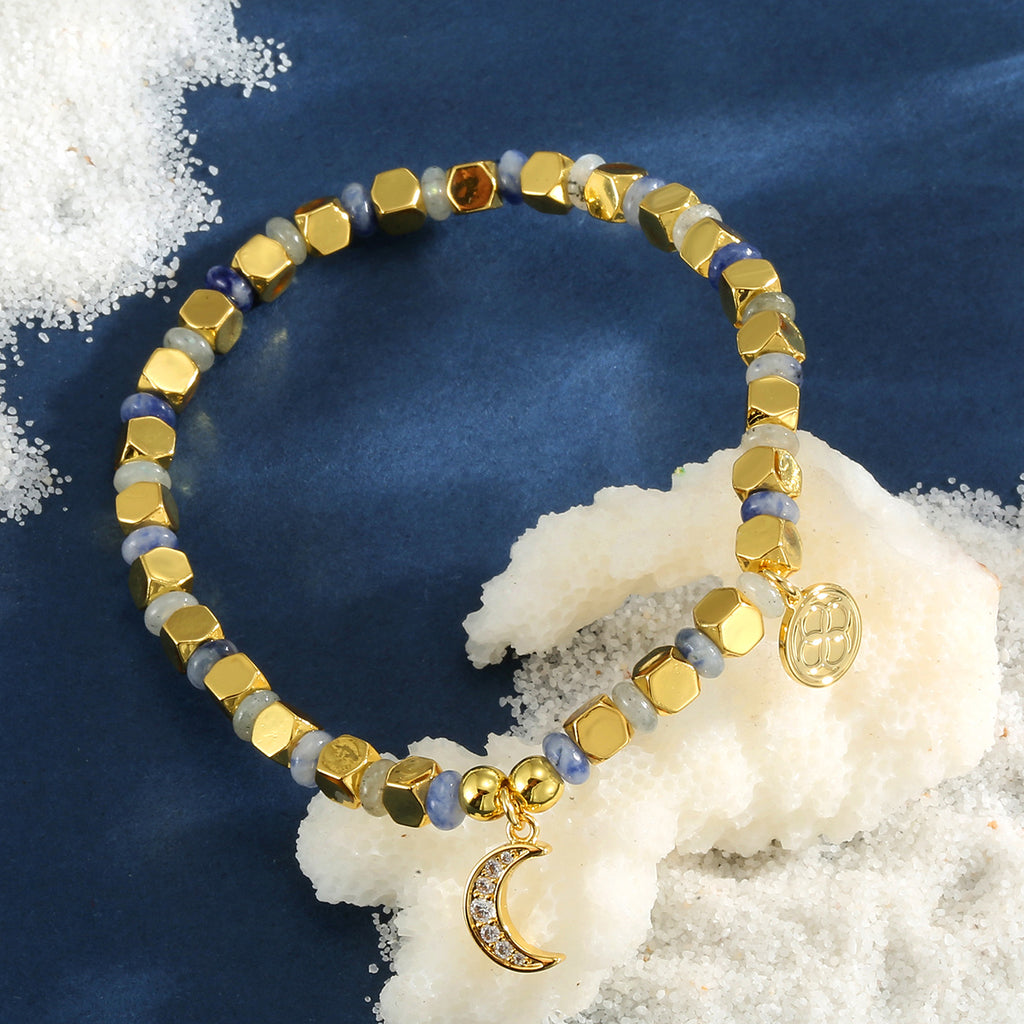 B0283 Vintage Moon Inlaid Zircon Beaded Fashion Trend Blue Point Quartz Bracelet