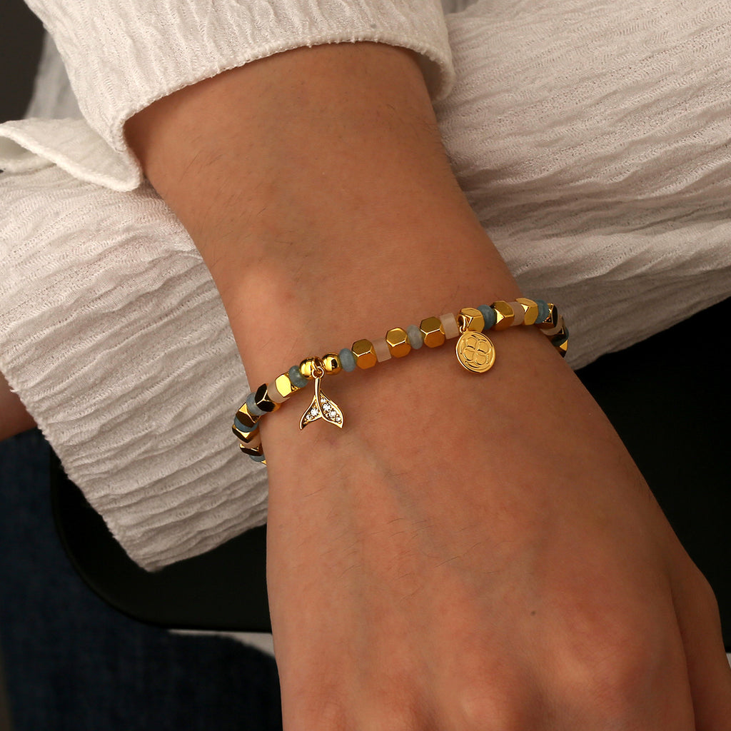 B0298 Fashion Leaf Inlaid Zircon Bracelet Daily Chalcedony Stone Beaded