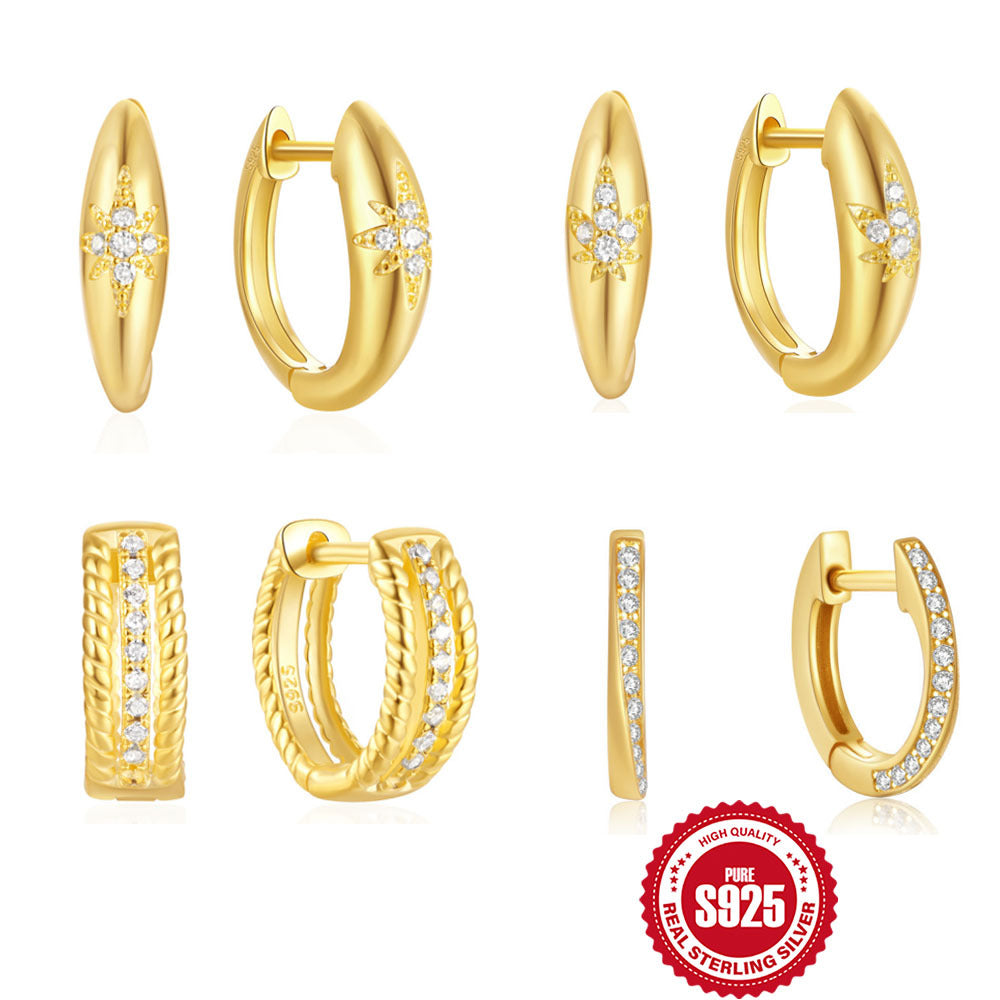 925Pure Silver Minimalist Leaf Geometric Inlaid Diamond Simple Hoop Earrings Hot-Selling High-End Earrings