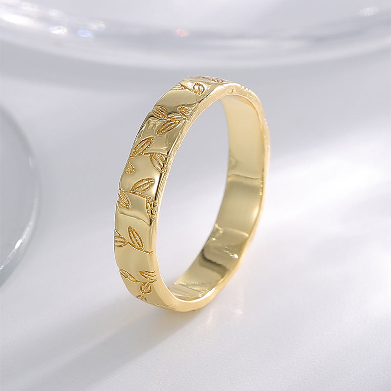 R0630 Design Leaf Pattern Ring for Women, Brass Gold-Plated, Vintage Simple Style