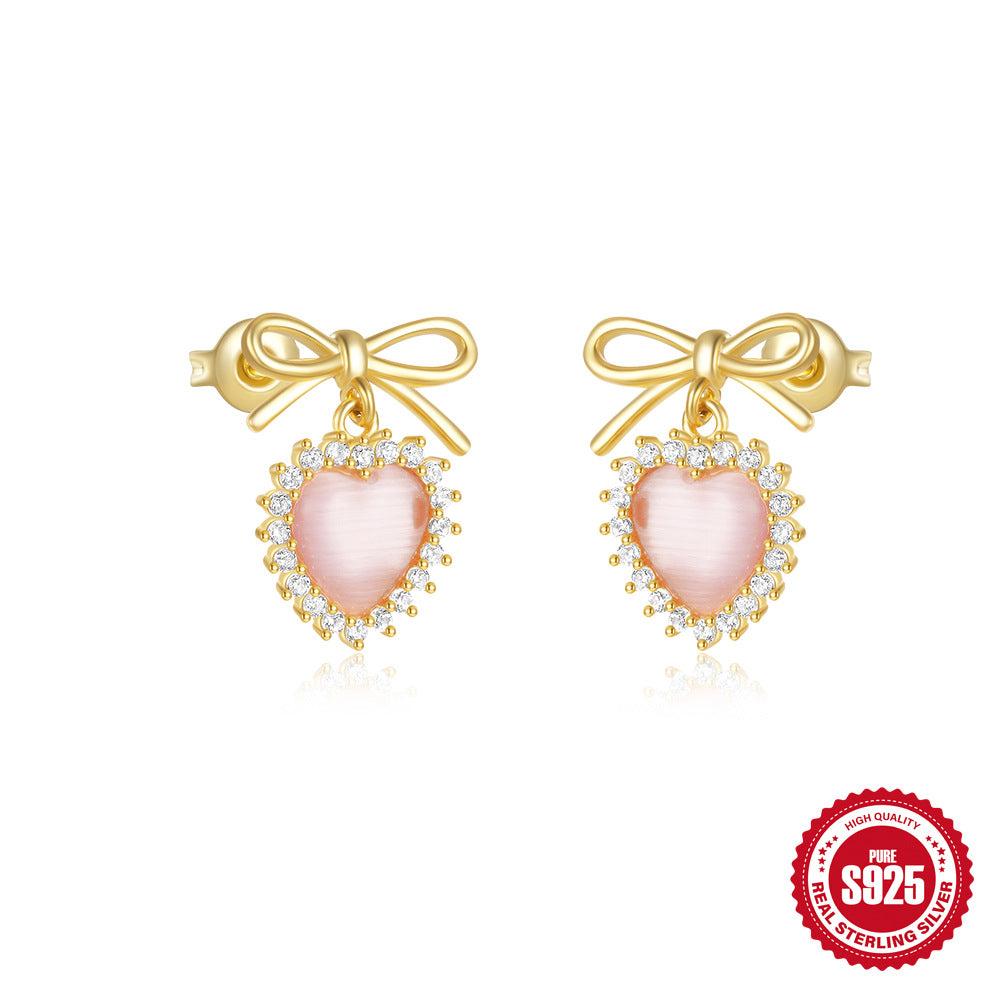 S925Sterling Silver Rose Flower Heart Diamond Stud Earrings for Women Korean Style Romantic Mini Petite Three-Dimensional Small Flower Ear Jewelry