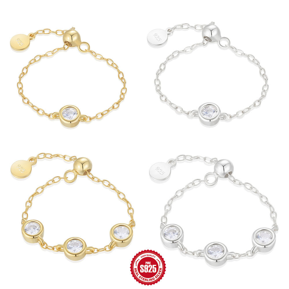 925Sterling Silver Inlaid Zircon Ring for Women Trendy Open Adjustable Chain Ring Silver Jewelry