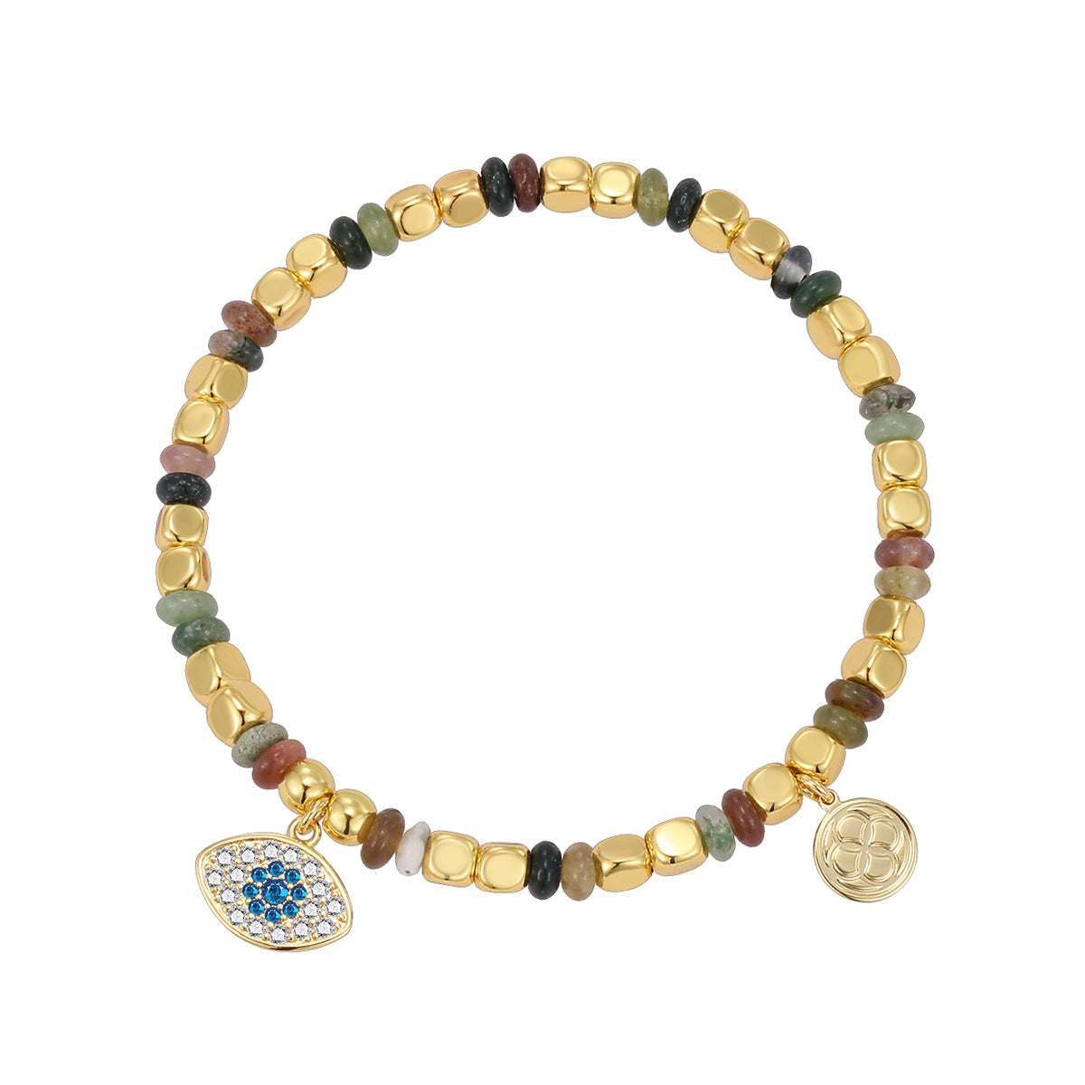 B0281 Vintage Demon Eye Zircon Inlaid Beaded Design Indian Agate Stone Bracelet