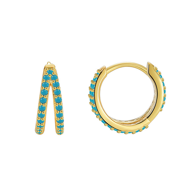 E0472 French Fashion Simple Versatile Blue Turquoise Round Double Layer Earrings for Women Copper Gold Plated Hoop Earrings