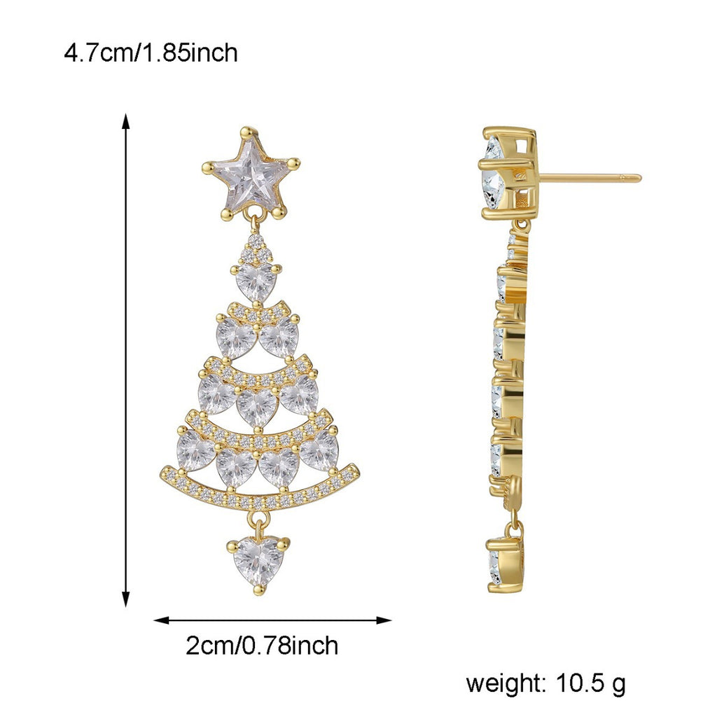 E0541 Christmas Fashion Christmas Tree Earrings for Women Copper Gold Plated Zirconia Drop Earrings