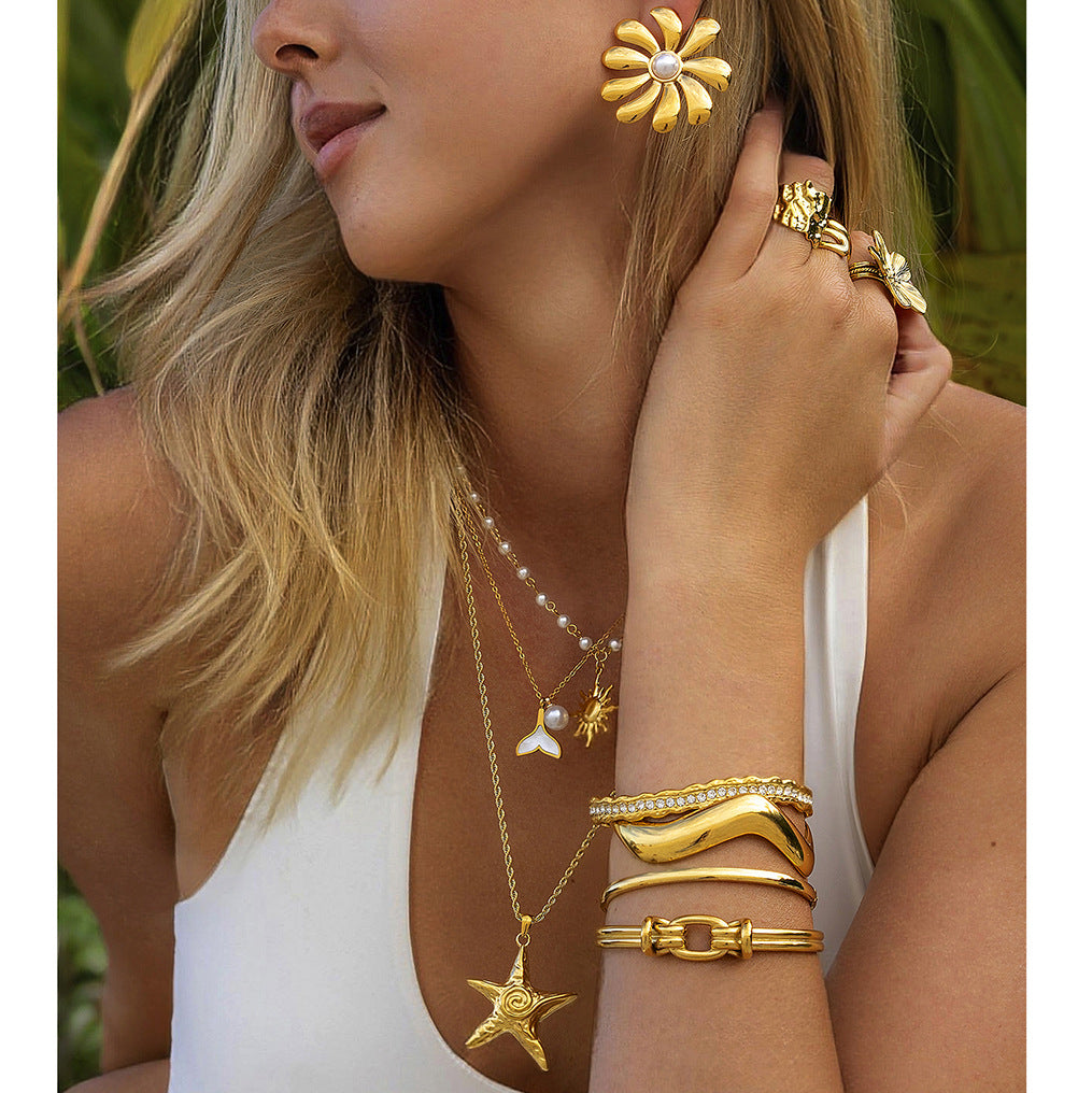 Stainless Steel Pearl Necklace Accessories Stacked Bracelet Flower Ring Jewelry