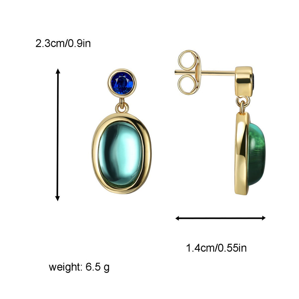 E0365 New Chinese Style Simple Oval Glass Stud Earrings Copper Plated Real Gold Inlaid Blue Zircon Earrings Vintage