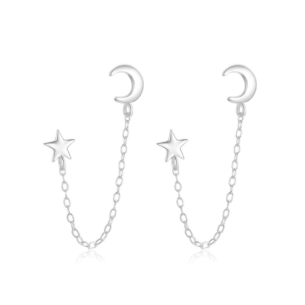 S925Sterling Silver Star Moon Chain Tassel Earrings Korean Style Xiaohongshu Hot-Selling Earrings for Women