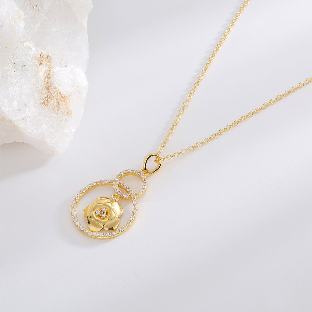 925 Silver Rose Flower Necklace With Zircon Double Ring Pendant