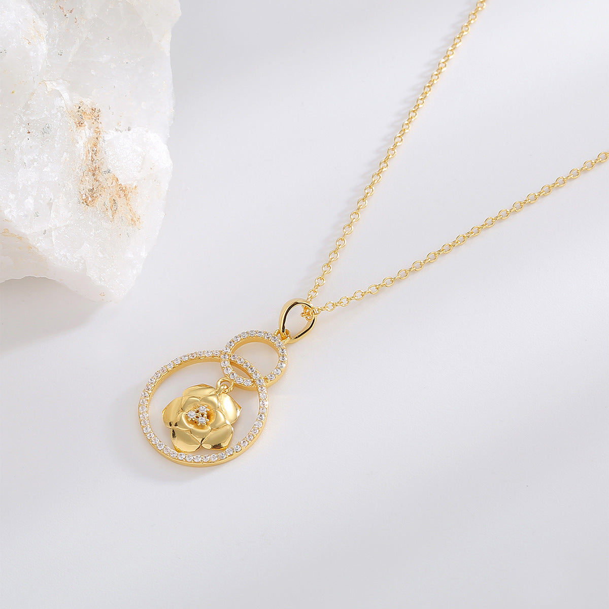 925 Silver Rose Flower Necklace With Zircon Double Ring Pendant