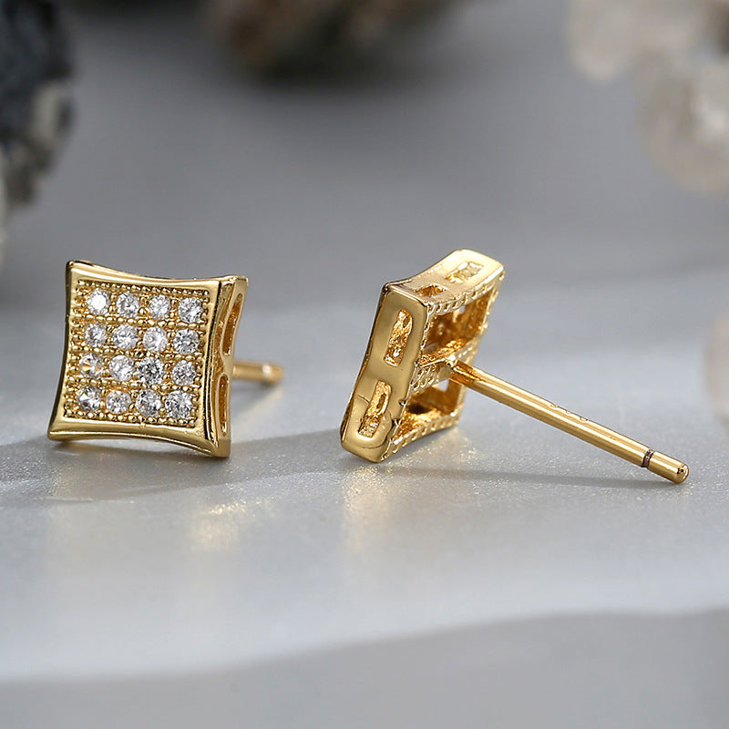 E0557 Simple Rural Style Four-sided Stud Earrings for Women Fashion Design Micro-inlaid Zircon Earrings