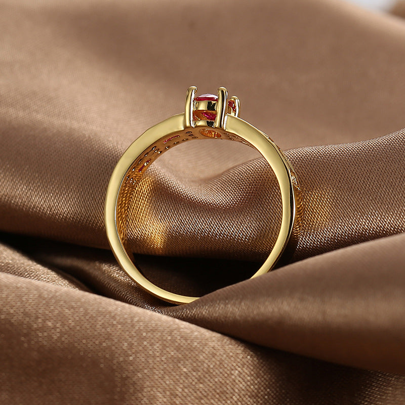 R0386 Fashionable Red Zircon Ring for Women Copper Plated with Real Gold Micro Inlaid White Zircon