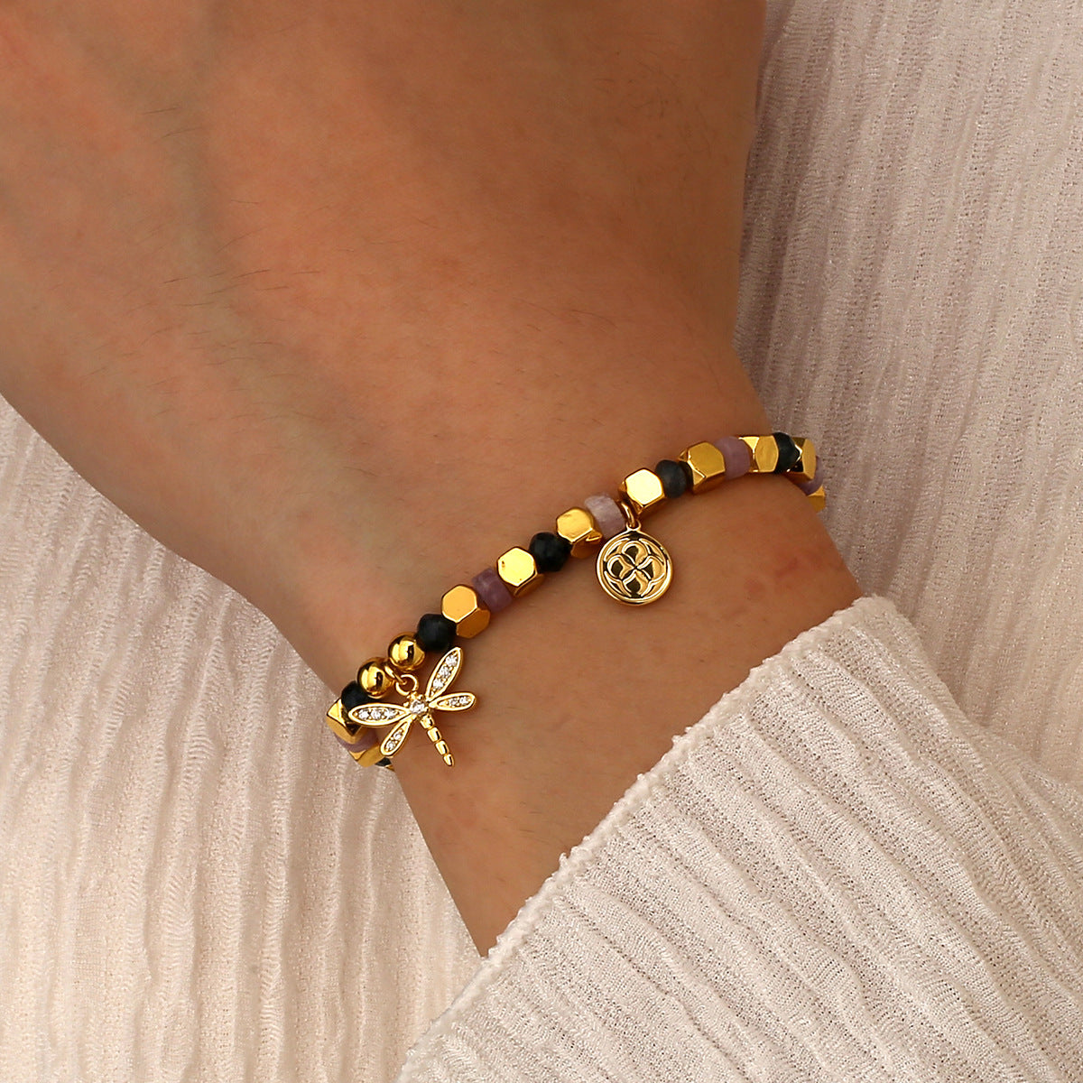 B0291 Vacation Ocean Dragonfly Inlaid Zircon Beaded Bracelet