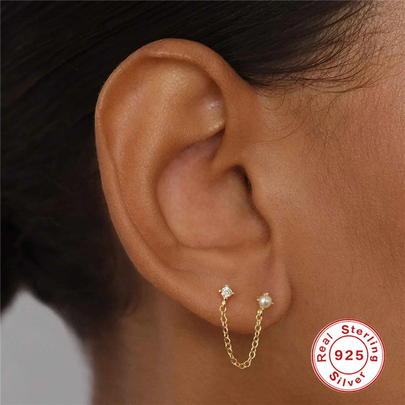 S925Pure Silver Wind Tassel Ear Thread Chain Style Single Diamond Pearl Earrings Stud Hot Selling Wind Ear Jewelry