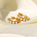 Fashionable Versatile Geometric Earrings 18K Gold Stainless Steel Inlaid Pearl C Shaped Earrings