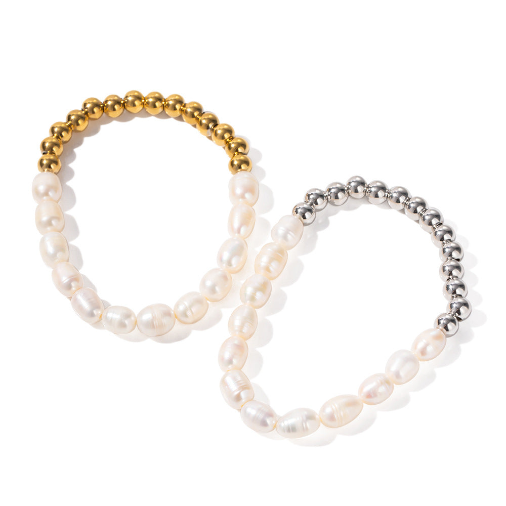 Stainless Steel Freshwater Pearl Round Beads Beaded Bracelet Women Gift PVD Electroplating16K Gold Chain Bracelet