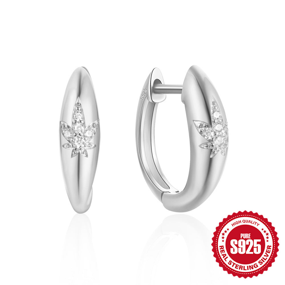 925Pure Silver Minimalist Leaf Geometric Inlaid Diamond Simple Hoop Earrings Hot-Selling High-End Earrings