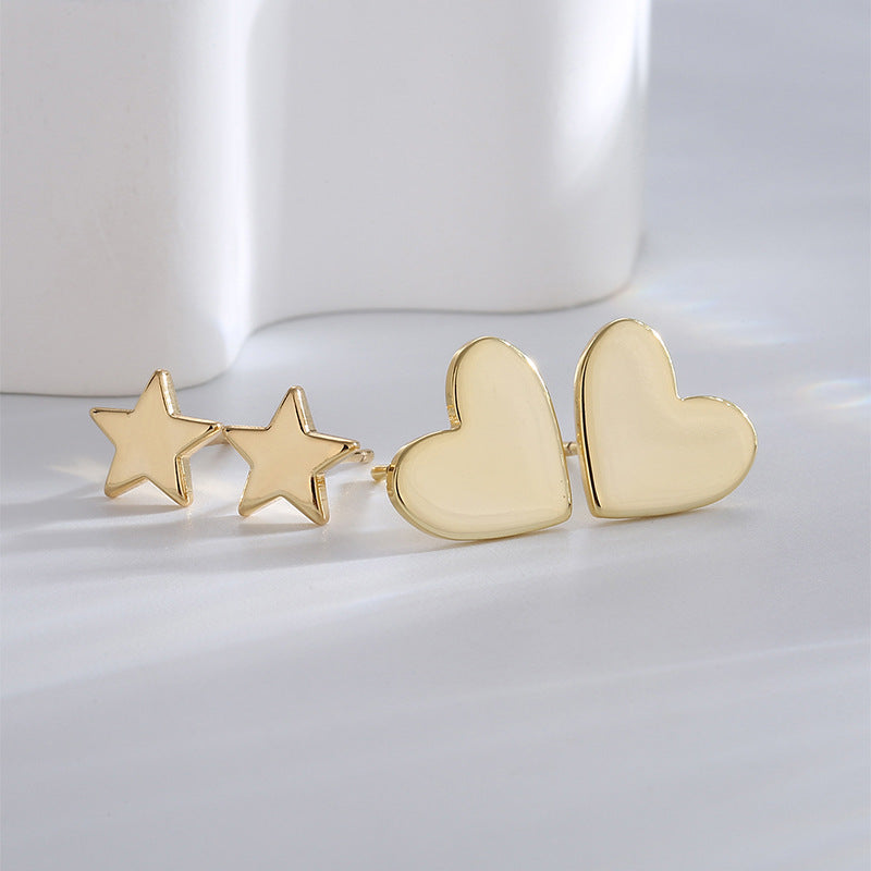 E0740 Fashion Elegant Simple Five-Pointed Star Heart Earrings for Women Copper Gold-Plated Minimalist Style Set Earrings