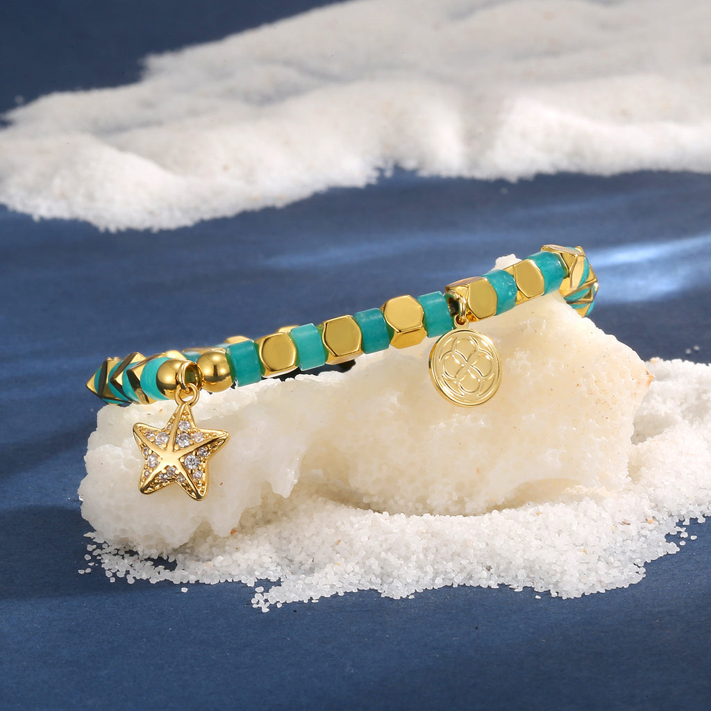 B0247 Bohemian Vacation Starfish Bracelet Plated14k Gold Beaded