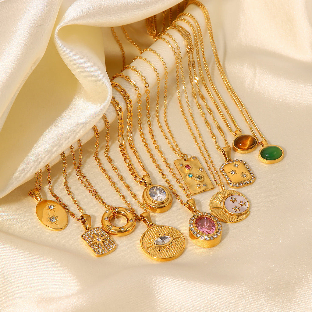 2H 18K Gold Stainless Steel Necklace Vintage Natural Stone Pendant Necklace Zircon Necklace for Women