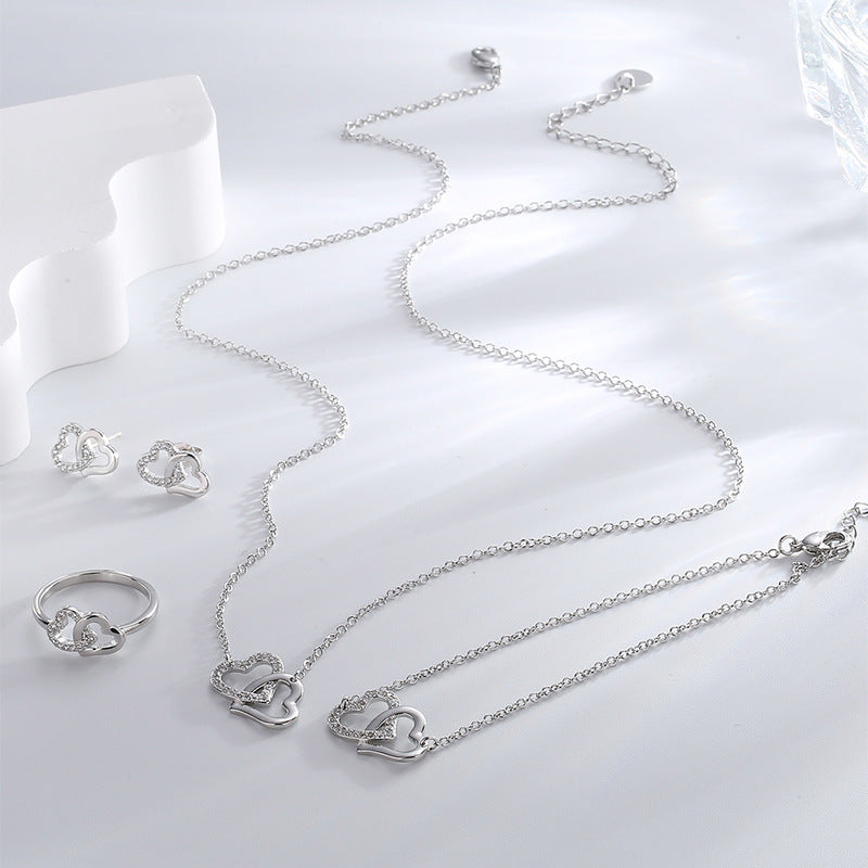S0007  Korean Fashion Elegant Double Heart Bracelet Necklace Earrings Ring Four-Piece Set White gold Jewelry Set