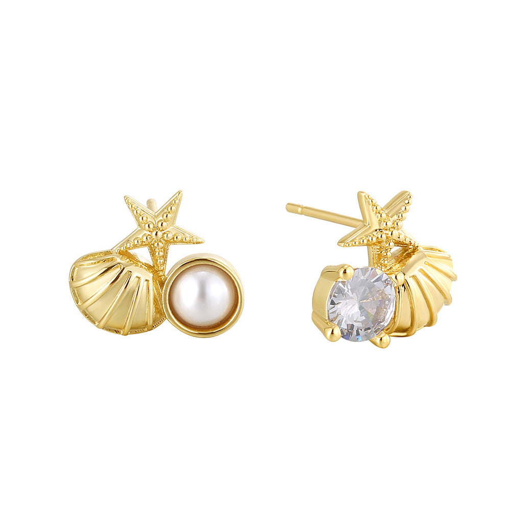 E0767 Fashion Ocean Elements Starfish Shell Earrings for Women Vintage Zircon Inlaid Shell Pearl Earrings