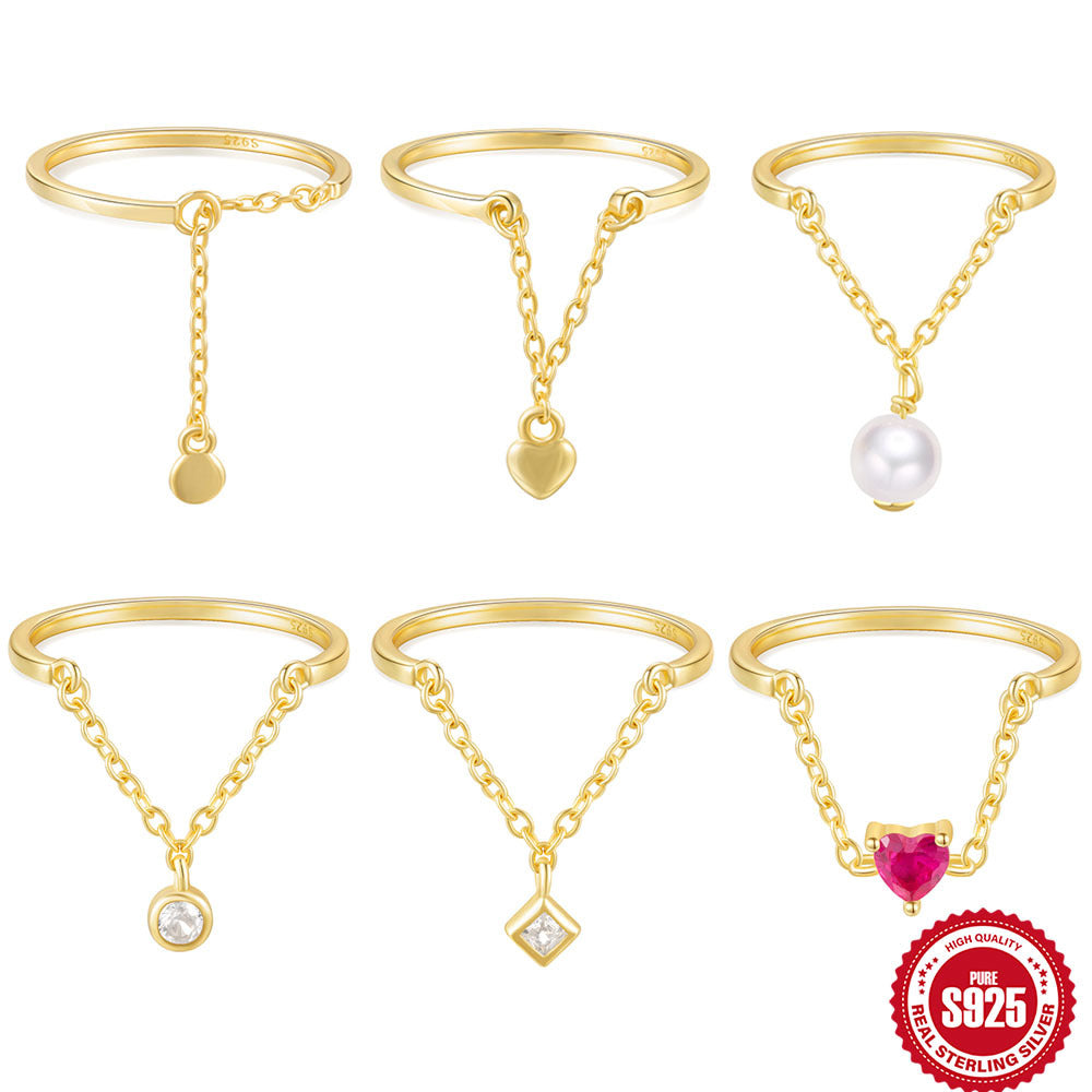 New S925Sterling Silver Heart-Shaped Tassel Inlaid Diamond Chain Adjustable Ring Hot-Selling Pearl Index Finger Ring