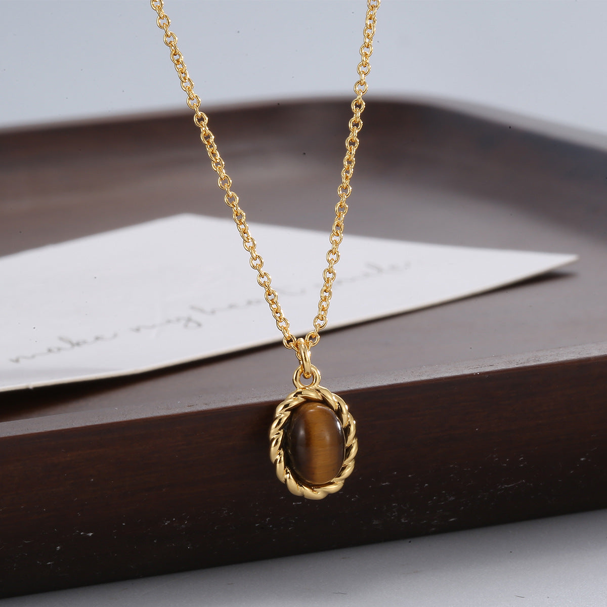 N0015 Copper18K Gold-Plated Oval Tiger Eye Stone Pendant Necklace for Women Vintage Versatile Design Necklace