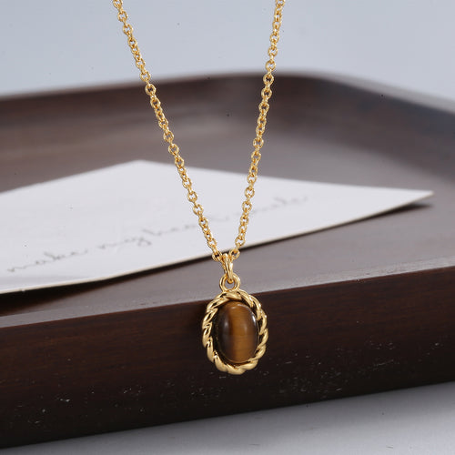 18K Gold-Plated Brass Oval Tiger Eye Pendant Necklace with oval design details