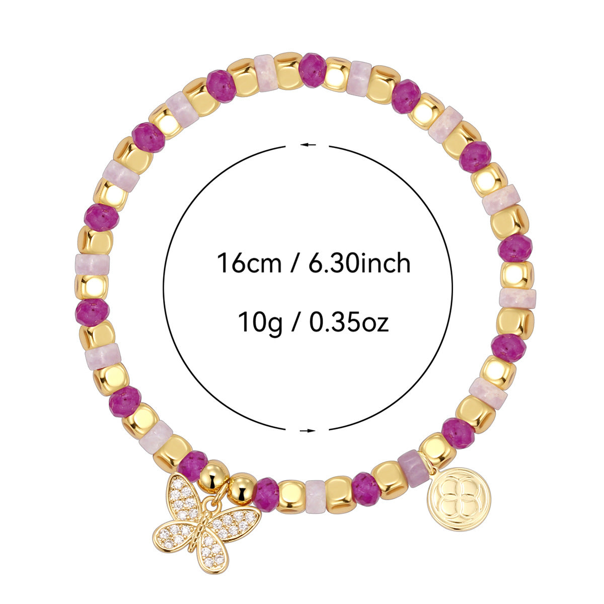 B0277 Bohemian Butterfly Inlaid Zircon Beaded Design Pink Quartz Chalcedony Bracelet