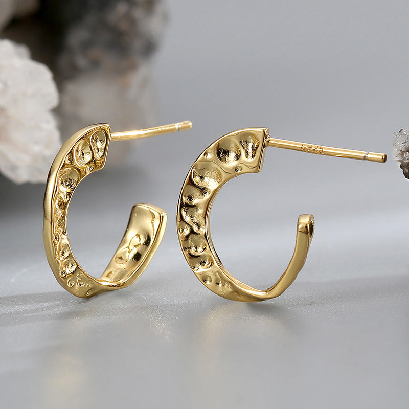 E0460 Exaggerated Design Earrings for Women, Brass Gold-Plated, Irregular Concave Shape C Shaped Earrings