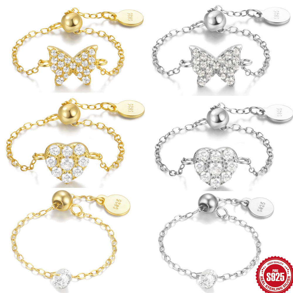 New925Sterling Silver Heart Butterfly Inlaid Diamond Ring for Women Hot Sale Trendy Adjustable Open Chain Ring