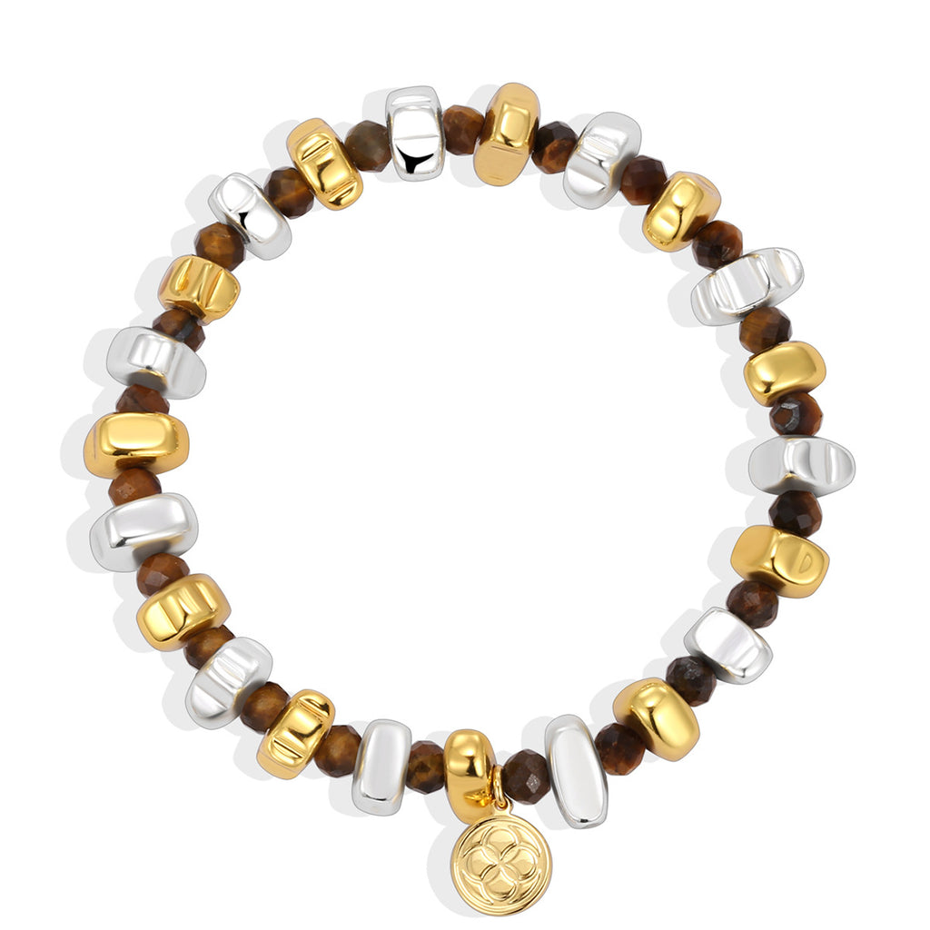 Two Tone Gold And Silver Bead Tiger Eye Stone Bracelet