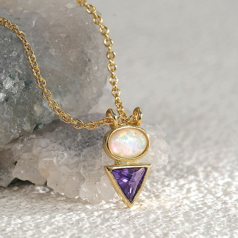 N0175 Iridescent Opal Triangle Purple Zircon Pendant for Women Simple Style Opal Collarbone Chain