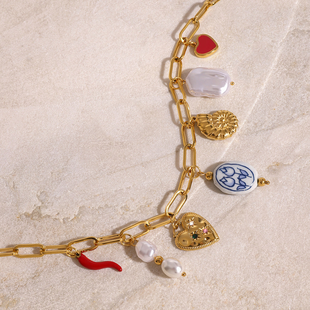 2H Stainless Steel Pearl Heart Conch Pendant Necklace Vacation Style Ocean Neck Jewelry Export Style Accessories for Women