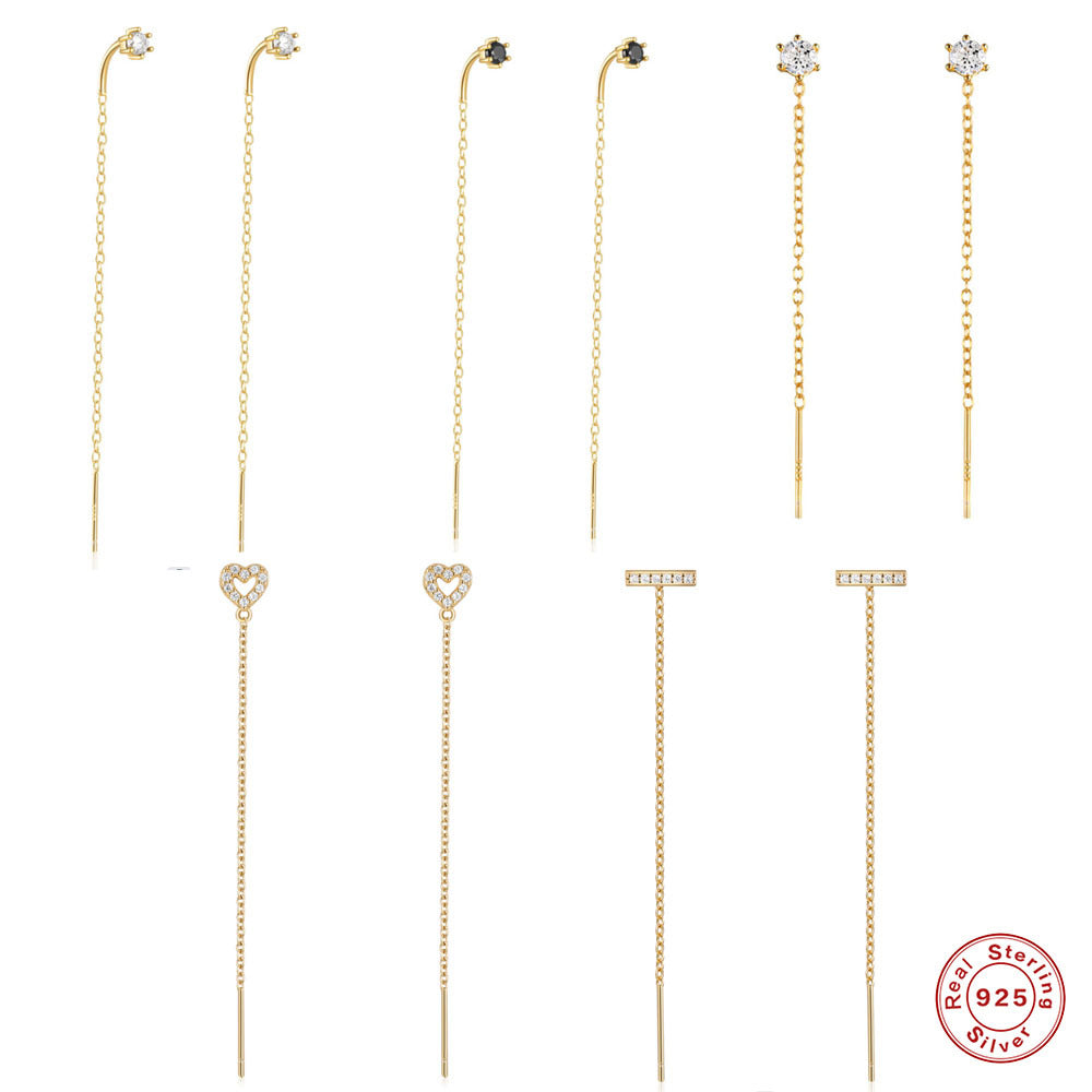 S925Pure Silver Long Minimalist Tassel Claw Setting Diamond Ear Thread Earrings Korean and Japanese Heart Earrings