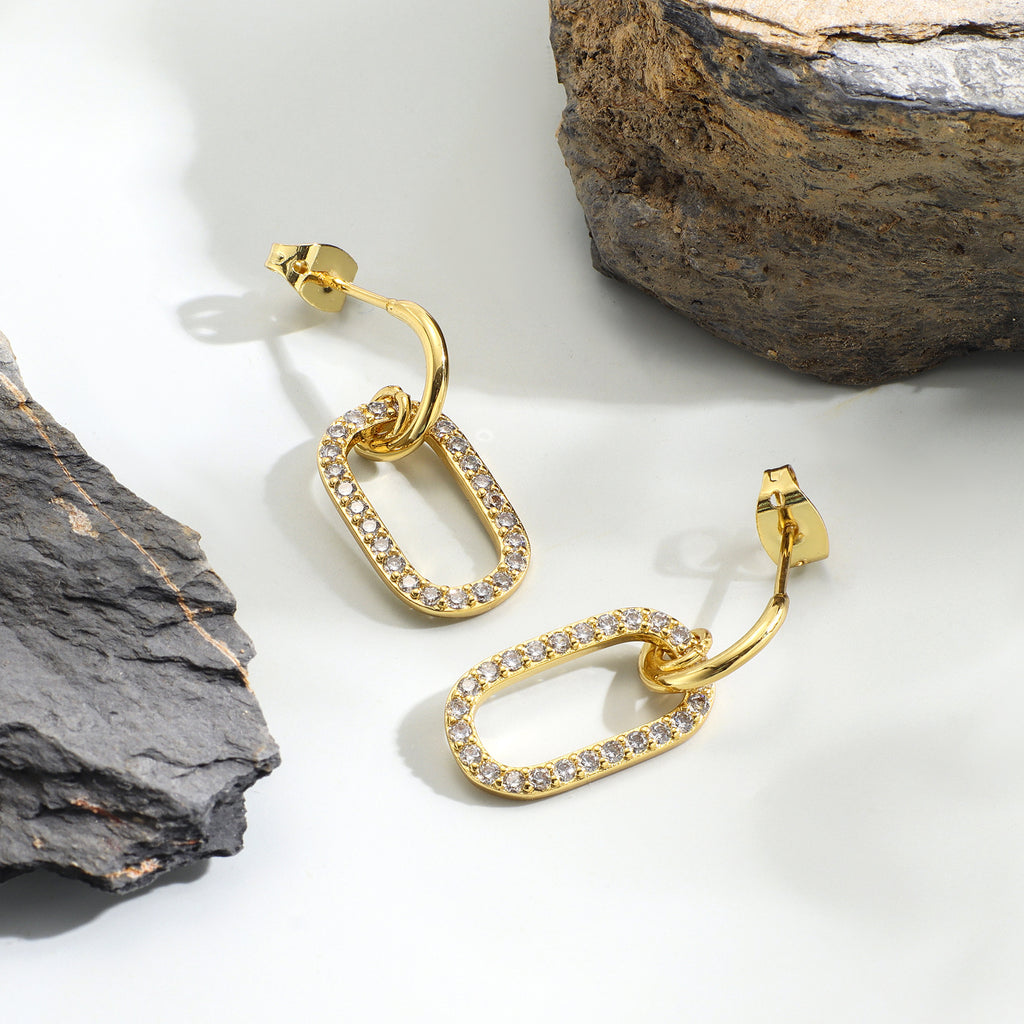 E0094 Geometric Hollow Oval Zirconia Stud Earrings for Women gold Simple Design Earrings