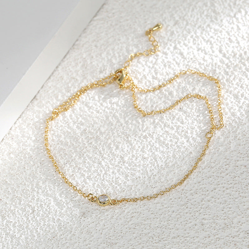 B0094 Simple Versatile Zircon Finger Bracelet for Women Brass Gold-Plated Ring Set Chain