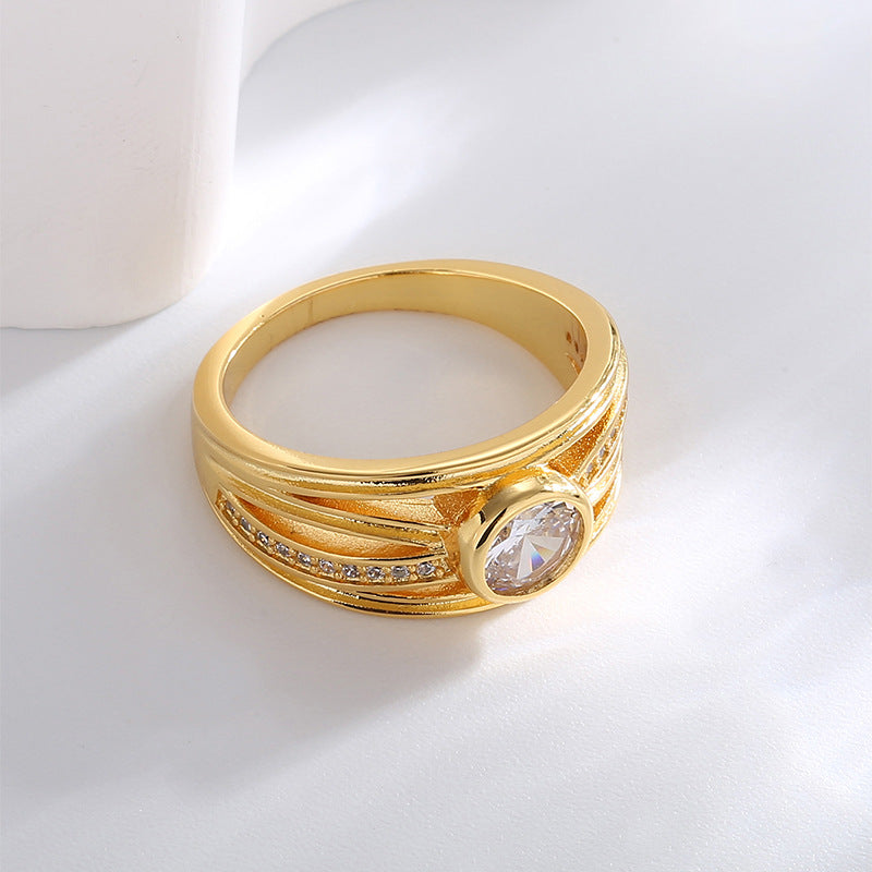 R0319 Fashion Hollow Zircon Ring for Women Brass Gold-Plated Simple Minimalist Ring
