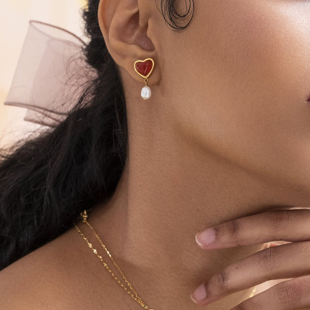 2H Stainless Steel Pearl Earrings Love Heart Stud Earrings Ear Jewelry 18K Gold Plated Jewelry