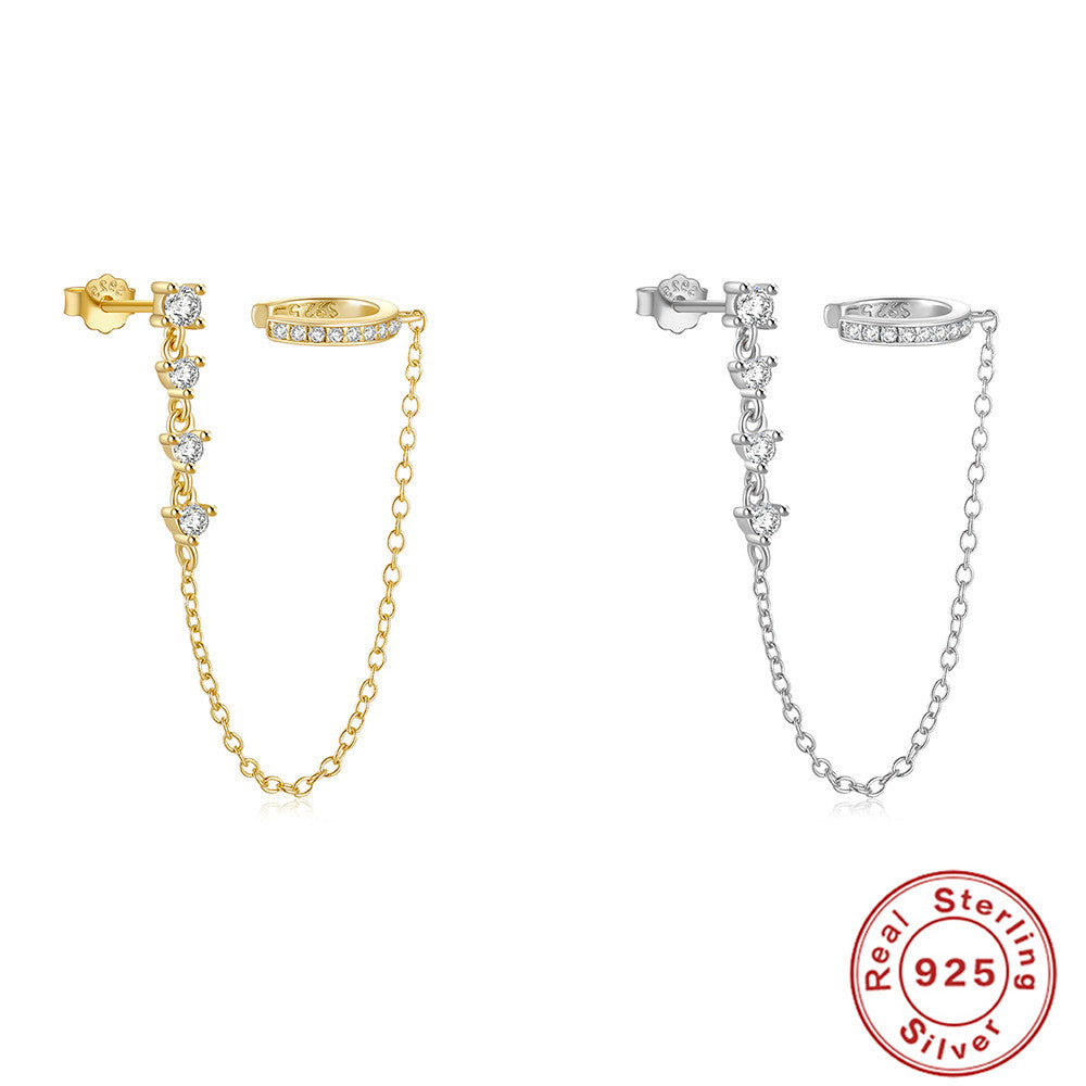 S925Sterling Silver Single Row Diamond-Studded Non-Pierced Ear Clips Tassel Single Diamond Stud Earrings Hot-Selling Earrings Jewelry