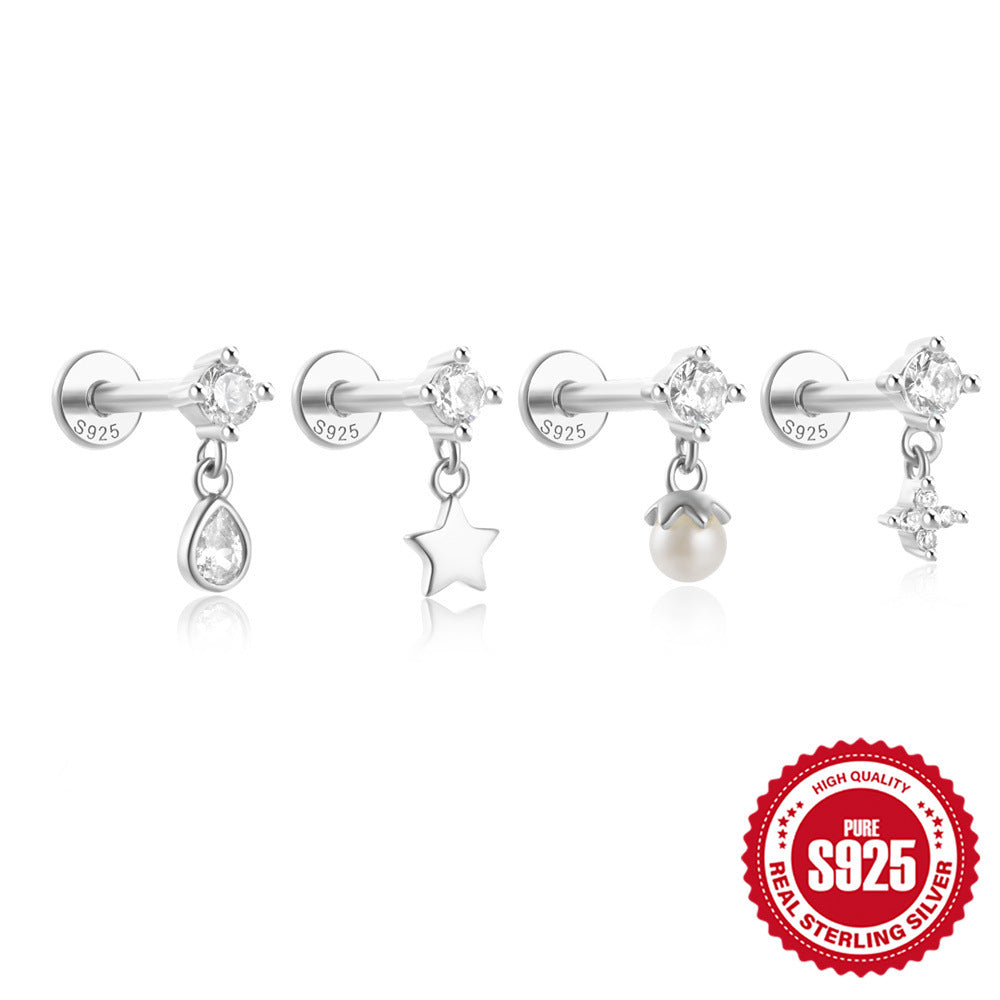 925Sterling Silver Five-Pointed Star Water Drop Inlaid Diamond Flat Head Threaded Piercing Ear Bone Stud Hot-Selling Pearl Earrings